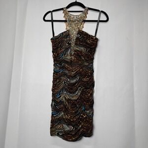 Vintage Y2K 2000s Brown Blue Print Ruched Mini Dress Beaded Party Cocktail w/bra